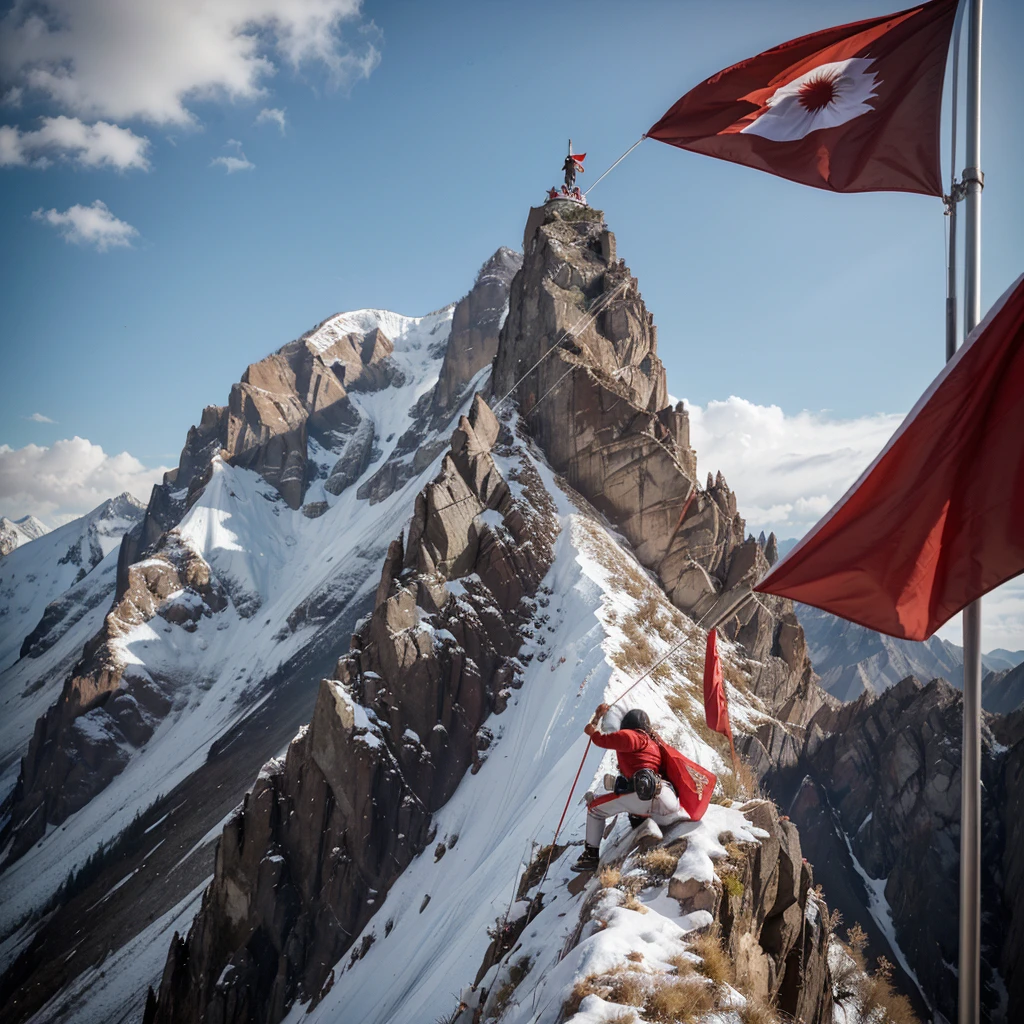 a 27-year-old Indonesian man with shoulder-length hair, a mountain climber, facing the red and white flag of the Republic of Indonesia, you can see a two-color flag, red top and white bottom fluttering at the end of the pole, the background is a barren rocky mountain peak