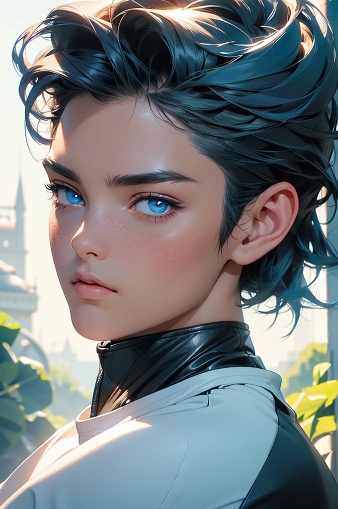 Young man with mid-length blue hair, light blue eyes, leather jacket, white star-patterned pants, skeleton-style mouth mask, tight black leather t-shirt with rib pattern, tight-fitting garment, visible navel, freckle tattoo, cute, beautiful eyes, delicate features, soft colors, serene atmosphere, high quality, detailed, photorealistic, photo-realistic:1. 37, 4k, ultra-detailed, extremely detailed, hyperrealistic, highly detailed, masterpiece:1.2, vibrant colors, natural lighting, cinematic, dramatic, fantastic, magical, surreal.