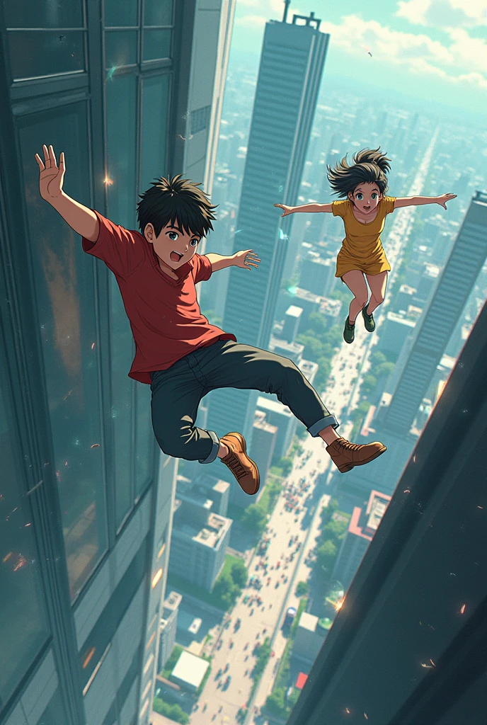 A boy and a girl are falling after breaking the glass of a building. Like the ground and they are activating their transportation. They are falling from the ground very fast and there are goons also and sometimes the city and sometimes the big building is visible from the top boy age is 20 girl age is 19 in anime india 