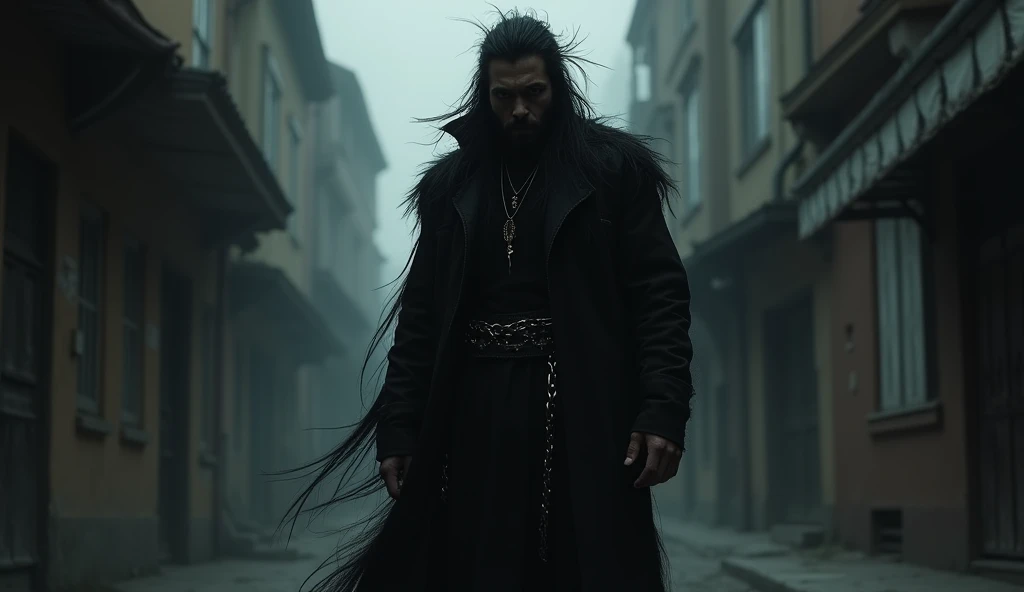 draw hairy pud in black clothes with a chain on a dark street