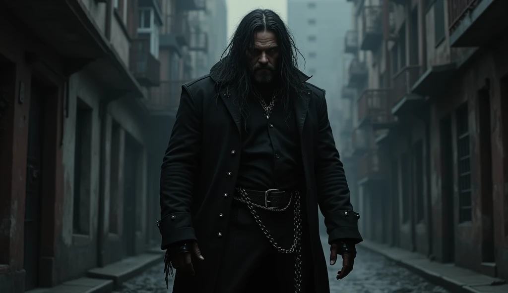 draw hairy pud in black clothes with a chain on a dark street