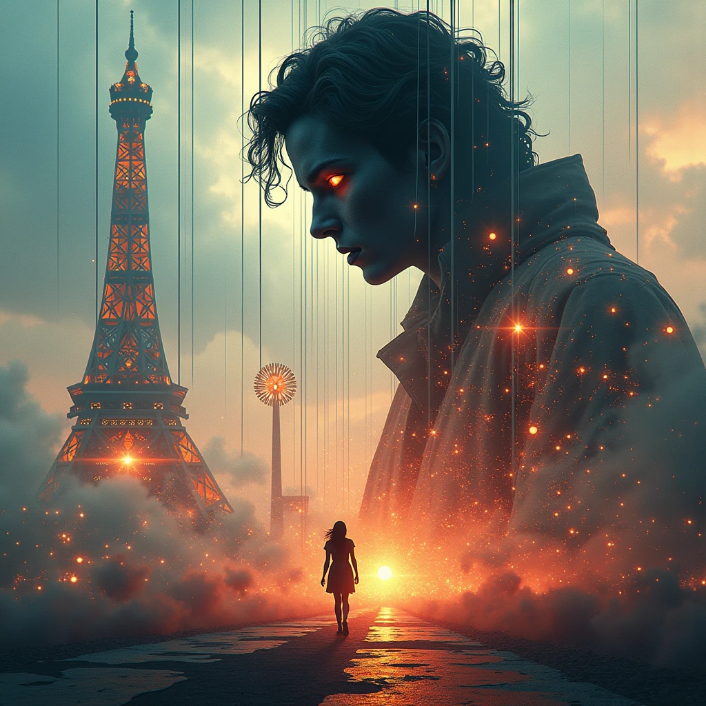 A mesmerizing double exposure digital masterpiece featuring the mystical silhouette of a puppeteer, illuminated by a luminous, ethereal and mystical aura. Against the backdrop of Las Vegas, the puppeteer embodies the essence of spectacle and the magic of the show. His luminescent eyes, radiant with deep contemplation, are surrounded by a delicate fusion of intricate details and conceptual elements. At her feet, in a fantastic font, a large number "900", drawn with the strings of the puppeteer, while a woman walks through the Las Vegas landscape. The bright and vibrant color palette of this work of art captivates the viewer, transporting them to the depths of the spectacle. This stunning creation masterfully combines elements of 3D rendering and illustration to create an immersive and captivating experience. The harmonious combination of the work's cinema, poster, architecture, painting, conceptual art.