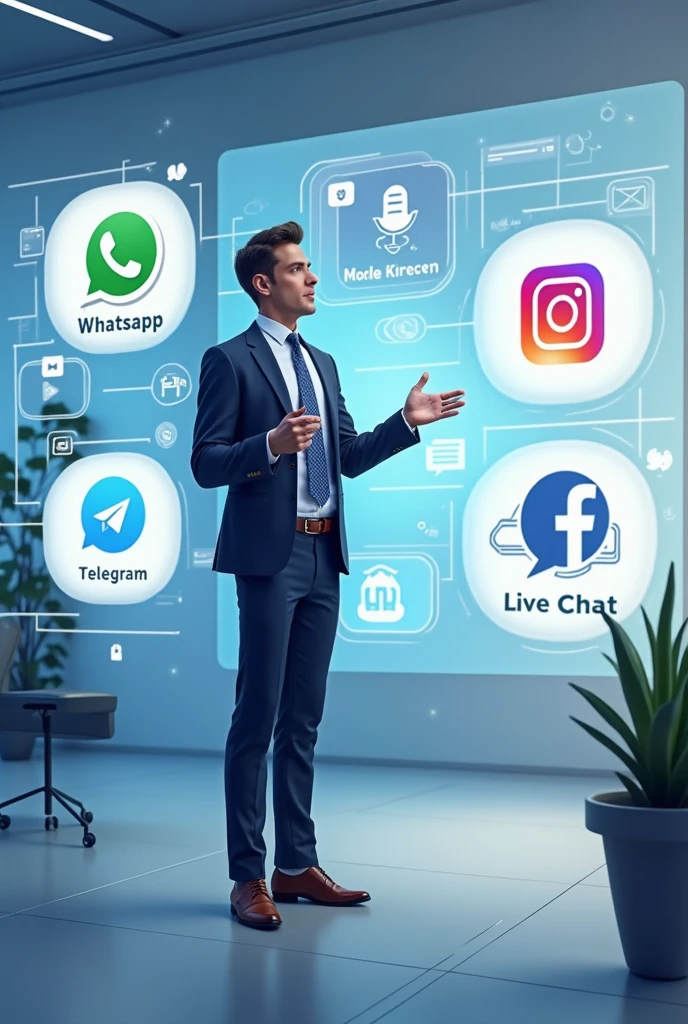 a new generation businessman explaining about omnichannel channel, put the following information on the image: WhatsApp, Instagram, Facebook, Telegram, Live Chat