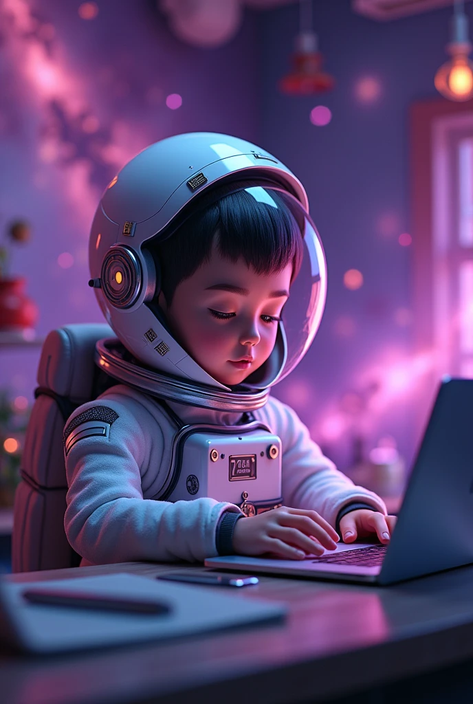 full zoom clean sitting pose of a little human astronaut avatar of freelancer working casually on MacBook sitting in room with purple background in galaxy