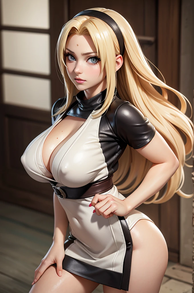 8k,Best Quality, masterpiece, ultra high resolution, (photorealistic:1.4), Photo and gross, (Genuine leather texture:1.3), (film grain:1.3),1 beautiful girl,Tsunade of Naruto, 24 year old woman with a height of 1,78 meters. She has blonde hair,a well developed figure, but at the same time slim, highlighting her big breasts and small waist. white and delicate skin. His eyes are light brown and heroic., and his expression is capable. You wore a sexy nurse costume..