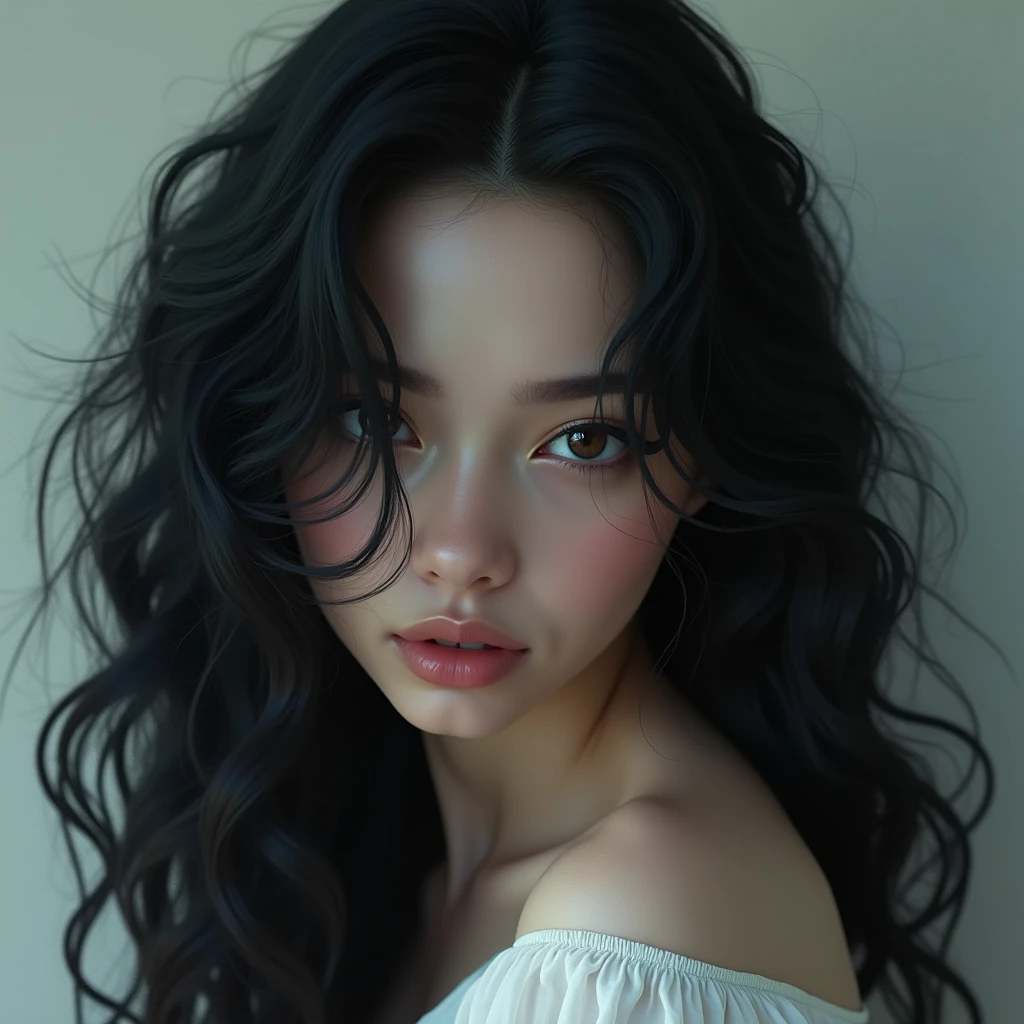 Generate an image of a woman with long, black curly hair, and super white skin