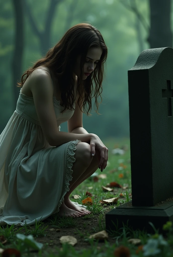 Bella Swan crying in front of Edward Cullen's grave