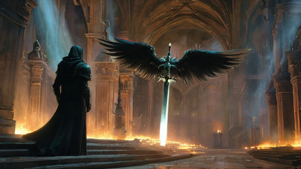 In a shadowy, medieval dark fantasy setting, an ancient library with towering bookshelves and dusty tomes stretches into the darkness. A man named Norven stands on the worn stone staircase, his long, jet-black hair cascading down his back, partially hidden beneath a richly textured red hood. His outfit is a deep crimson, adorned with intricate, dark embroidery that glints subtly in the dim light. Norven’s posture is tense, one hand gripping the hilt of a sword sheathed at his side, while his piercing eyes lock onto an angelic figure before him. The angel, towering over him with majestic, glowing wings, radiates a soft, divine light that illuminates the aged, crumbling walls and the faded manuscripts scattered around. The contrast between Norven’s dark, brooding presence and the angel’s ethereal, otherworldly aura heightens the tension in this ominous confrontation, capturing the essence of an epic, timeless struggle."






