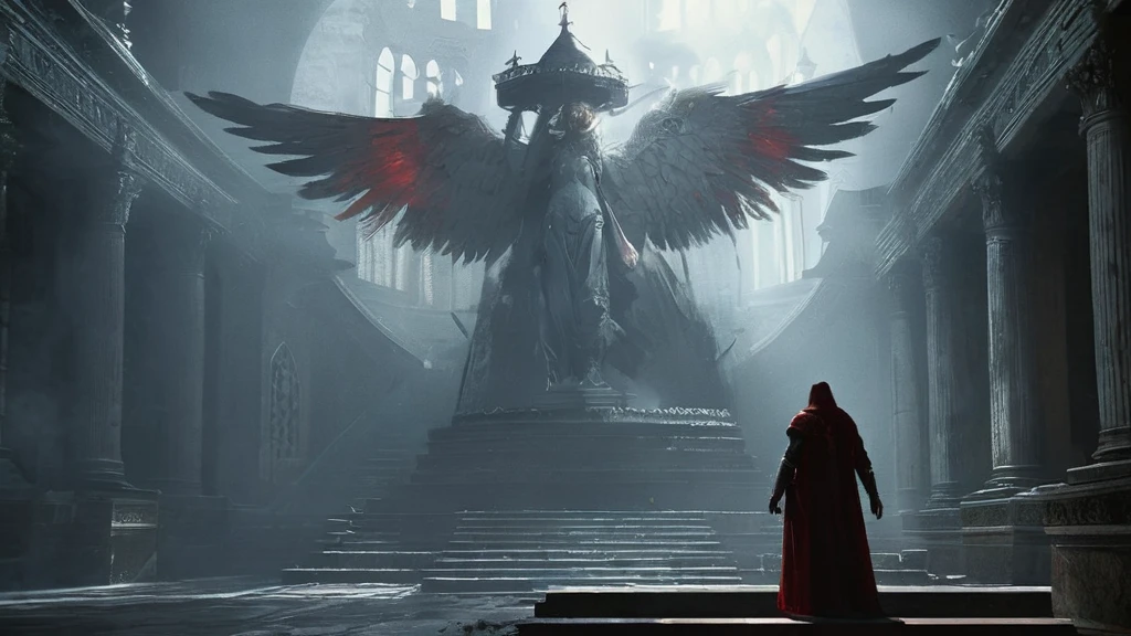 In a shadowy, medieval dark fantasy setting, an ancient library with towering bookshelves and dusty tomes stretches into the darkness. A man named Norven stands on the worn stone staircase, his long, jet-black hair cascading down his back, partially hidden beneath a richly textured red hood. His outfit is a deep crimson, adorned with intricate, dark embroidery that glints subtly in the dim light. Norven’s posture is tense, one hand gripping the hilt of a sword sheathed at his side, while his piercing eyes lock onto an angelic figure before him. The angel, towering over him with majestic, glowing wings, radiates a soft, divine light that illuminates the aged, crumbling walls and the faded manuscripts scattered around. The contrast between Norven’s dark, brooding presence and the angel’s ethereal, otherworldly aura heightens the tension in this ominous confrontation, capturing the essence of an epic, timeless struggle."






