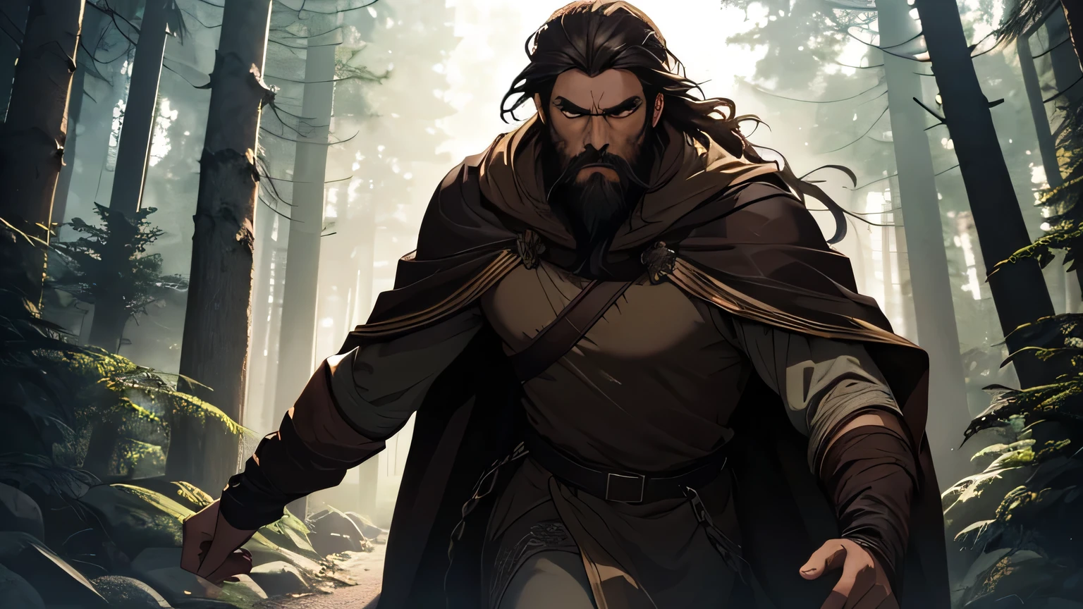 Scary man with dark brown beard, long dark brown hair, light yellowish brown eyes and dark brown and light brown robe from the 4th century BC, with a light brown cloak, about 50 years old, running in a dark and mysterious forest at night, running in the forest, moody lighting, hyper-realistic cinematic lighting,