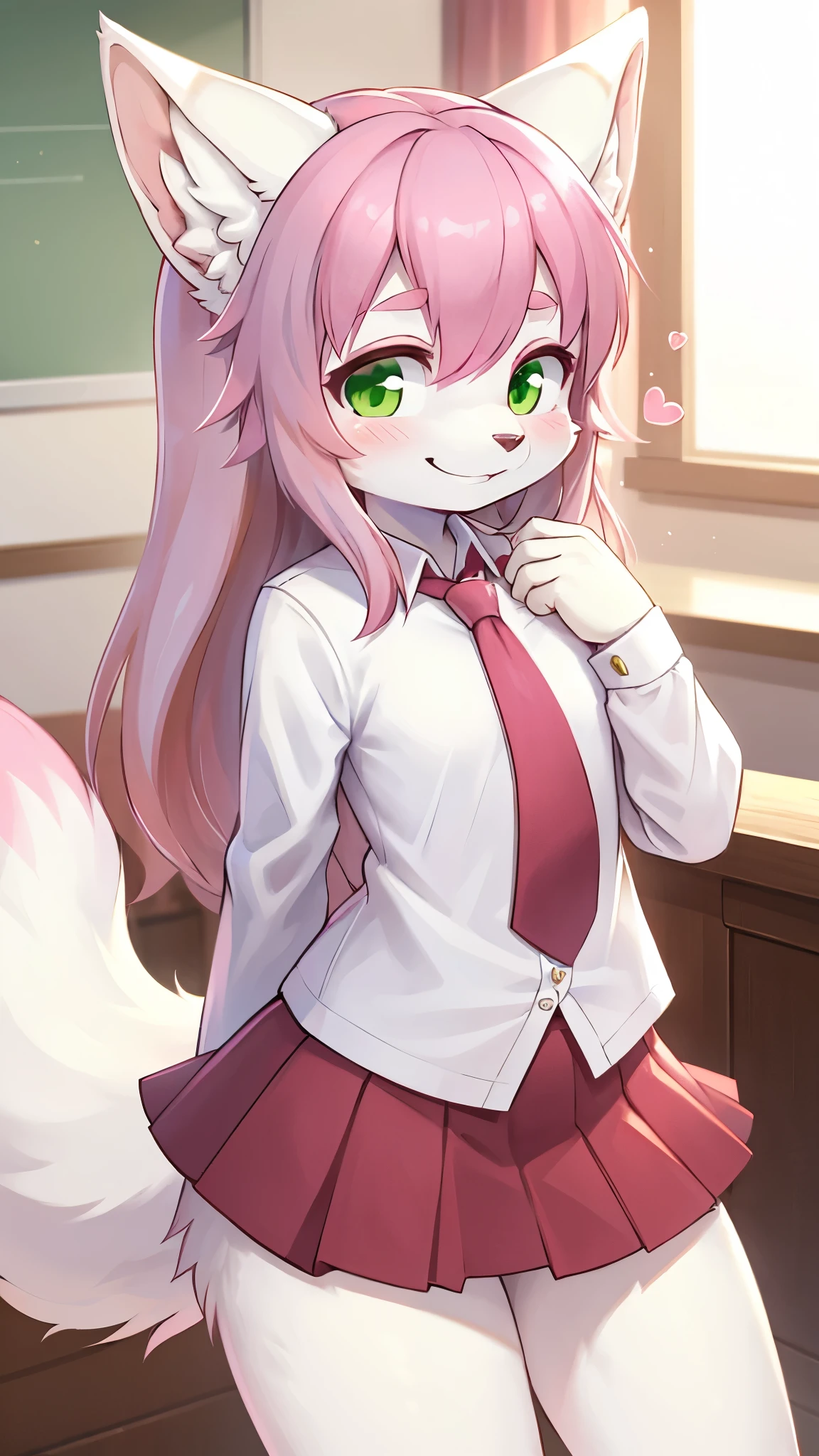 best quality,best resolution,solo,(fluffy anthro furry :1.6),(young :1.8),fox girl,flat chest,(pink hair :1.6),long hair,green eyes,glistering eyes,sparkle eyes,(white fur :1.6),(white short arms shirt with red tie),(red skirt),ribbon hairpin,beautiful classroom,light and shadow,full face blush,heart expression,heart eyes glow,happy face,smile,lean forward,standing