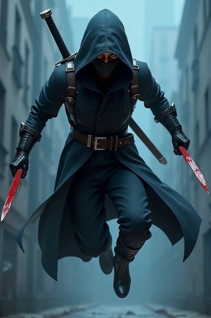 A girl standing wearing a black assassin costume with mask on her face. She has two knives in her hands covered with blood. And two swords hanging on back of her. The colour grading of the image is bluish. Also make the character look that it's jumping in the air. Make it in a jump position 