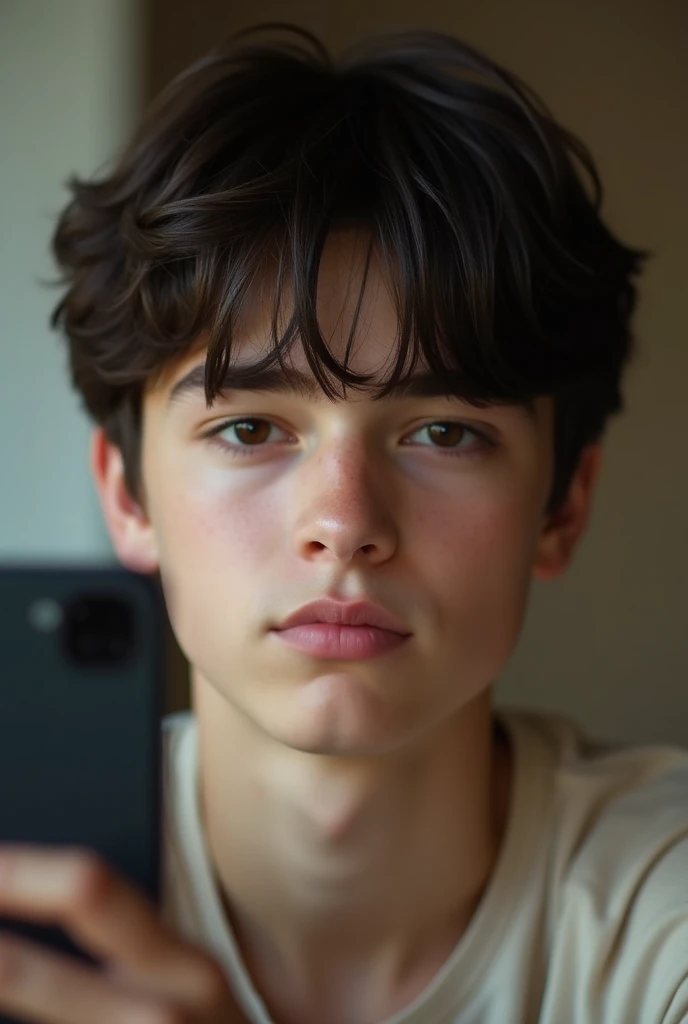 Hyper realistic photo The boy in the image has soft features with fair skin and a neutral expression. His dark brown hair is thick, slightly tousled, and medium-length, falling naturally over his forehead and ears. He has a calm, composed look, with dark eyebrows that match his hair color and deep, expressive eyes. He wears a light, beige-colored shirt. Taking a selfie at night home. He will go to sleep soon. s old. Teen.