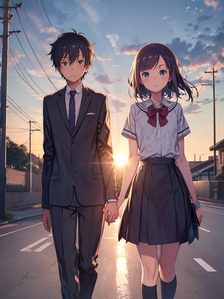Junior high school years,1 female student、1 male student,Fresh face,I'm happy to be walking home from school together,River embankment, The Sunset Sun、Two people walking hand-in-hand down the road