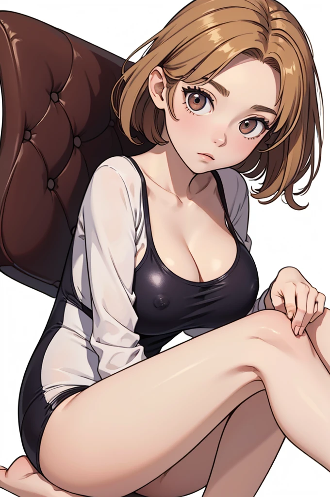 (((masterpiece, best quality, ultra highres, 1 girl, solo, white background))), super detailed skin and face and eyes and finger, cute japanese woman, small breasts, skinny, light brown hair, very short hair, knee shot, white background, 2D anime, boyish, expressionless, cartoon, Various poses, Please draw the entire character within the frame, ensuring that the head, arms and legs are not cut off, with the character positioned centrally, expressionless, nipples, female genitals visible through tight clothing, Sheer clothes, one-piece swimsuit, sitting, spread legs,