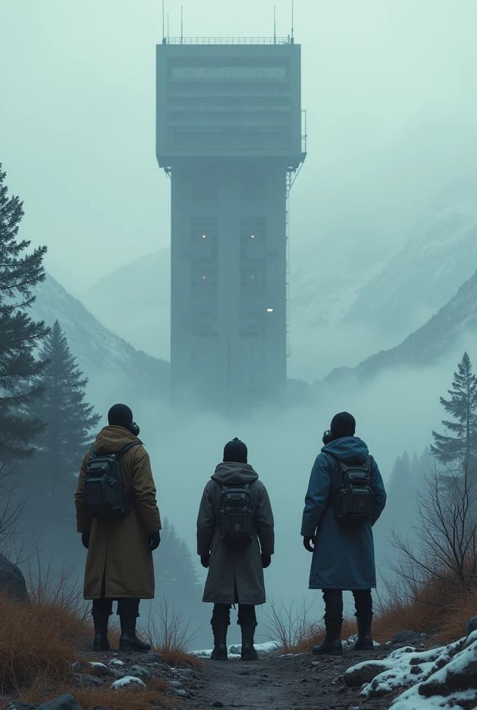 (Three Isolated humans with gas mask, brown, blue, black and white clothes) look over a futuristic tall square outpost into the mountain without lights in the style of dark hues, forest winter, coded patterns, urbancore, soviet ambience, vastness of space, post apocaliptic space.