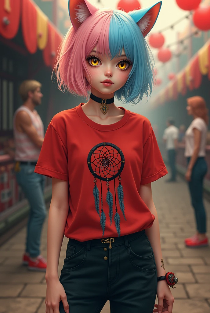 ((Best Quality)), ((masterpiece)), (detailed), (original), (realist), Short hair girl, light yellow eyes, cat ears, pink and blue locks, thick lips , whole body, Red shirt, black pants, red and black shoes, Dream Catcher, drawing on his shirt, attractive look, cara angelical, commoner, introvert, circus background, 