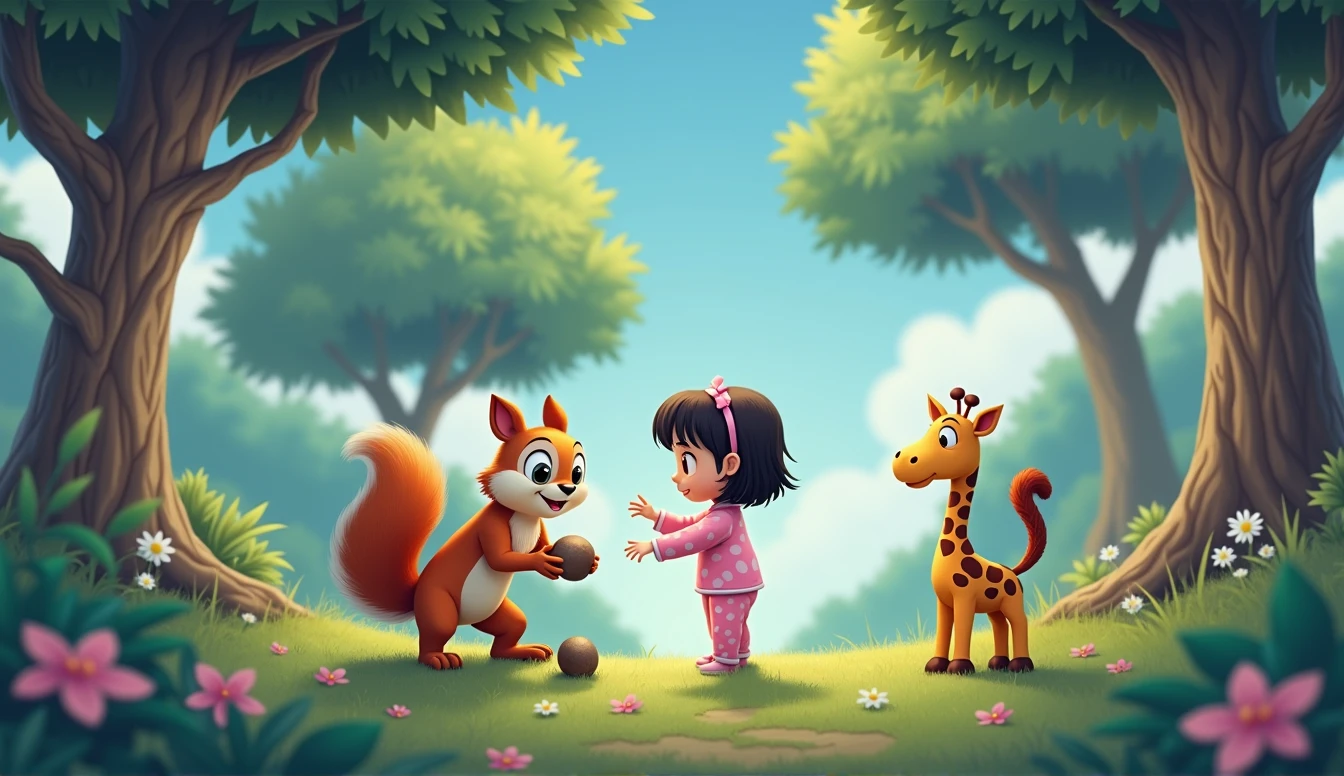A squirrel tries to crack a nut with a stone alongside a small cartoon girl in pink pajamas, A plush giraffe toy is watching this