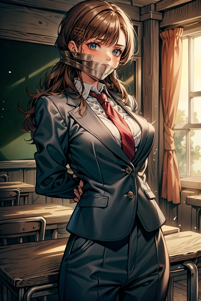 1 person, Brown Hair, Medium Hair, Wavy Hair, , Improvised Gag, Tape gag, Gagged, Packing tape, Tape Bondage, Put your arms behind your back, Arms tied, Large Breasts, , blazer, tie, classroom, Cowboy Shot, View your viewers, Hair Clip,
