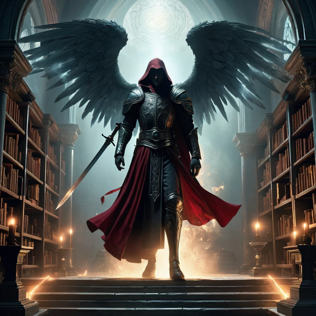 In a shadowy, medieval dark fantasy setting, an ancient library with towering bookshelves and dusty tomes stretches into the darkness. A man named Norven stands on the worn stone staircase, his long, jet-black hair cascading down his back, partially hidden beneath a richly textured red hood. His outfit is a deep crimson, adorned with intricate, dark embroidery that glints subtly in the dim light. Norven’s posture is tense, one hand gripping the hilt of a sword sheathed at his side, while his piercing eyes lock onto an angelic figure before him. The angel, towering over him with majestic, glowing wings, radiates a soft, divine light that illuminates the aged, crumbling walls and the faded manuscripts scattered around. The contrast between Norven’s dark, brooding presence and the angel’s ethereal, otherworldly aura heightens the tension in this ominous confrontation, capturing the essence of an epic, timeless struggle."