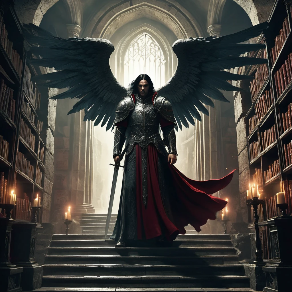 In a shadowy, medieval dark fantasy setting, an ancient library with towering bookshelves and dusty tomes stretches into the darkness. A man named Norven stands on the worn stone staircase, his long, jet-black hair cascading down his back, partially hidden beneath a richly textured red hood. His outfit is a deep crimson, adorned with intricate, dark embroidery that glints subtly in the dim light. Norven’s posture is tense, one hand gripping the hilt of a sword sheathed at his side, while his piercing eyes lock onto an angelic figure before him. The angel, towering over him with majestic, glowing wings, radiates a soft, divine light that illuminates the aged, crumbling walls and the faded manuscripts scattered around. The contrast between Norven’s dark, brooding presence and the angel’s ethereal, otherworldly aura heightens the tension in this ominous confrontation, capturing the essence of an epic, timeless struggle."