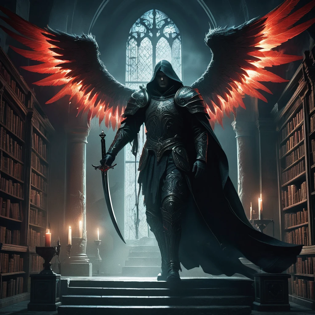 In a shadowy, medieval dark fantasy setting, an ancient library with towering bookshelves and dusty tomes stretches into the darkness. A man named Norven stands on the worn stone staircase, his long, jet-black hair cascading down his back, partially hidden beneath a richly textured red hood. His outfit is a deep crimson, adorned with intricate, dark embroidery that glints subtly in the dim light. Norven’s posture is tense, one hand gripping the hilt of a sword sheathed at his side, while his piercing eyes lock onto an angelic figure before him. The angel, towering over him with majestic, glowing wings, radiates a soft, divine light that illuminates the aged, crumbling walls and the faded manuscripts scattered around. The contrast between Norven’s dark, brooding presence and the angel’s ethereal, otherworldly aura heightens the tension in this ominous confrontation, capturing the essence of an epic, timeless struggle."