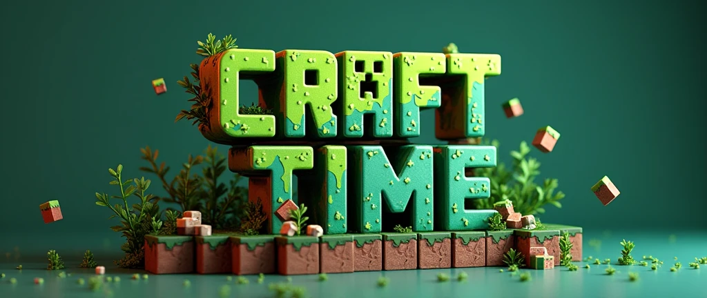 A hypnotic 3D rendering of "Craft Time" Logo that captivates the viewer with its innovation, Pixelated block-style font, Echoing the iconic aesthetic of Minecraft. The distinctive letters are crafted from a combination of bright emerald tones and deep earthy hues, As if carved from vibrant, Game materials. Each letter subtly drips and transforms, Giving a dynamic sense of motion while glowing with a soft touch, Glowing sheen. Surrounding the logo are miniature cubes, Pixelated particles, And subtle touches of foliage, Reminiscent of Minecraft's lush landscapes. The dynamic atmosphere is reinforced by a contrasting background, doing the vibrant colors and intricate details of the logo stand out brilliantly. This design embodies the adventurous and creative spirit of the Minecraft world, doing "Craft Time" Memorable and visually stunning.