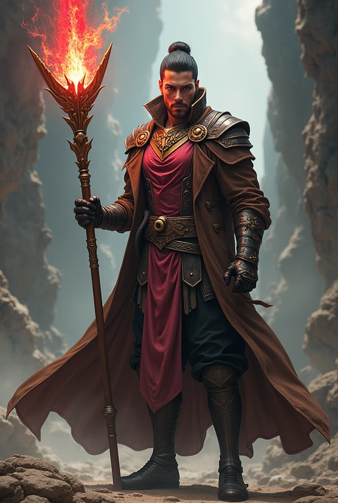 a man with brown hair, magenta chestplate armor, black head sock, red eyes, black pants, fingerless gloves, brown trenchcoat, metal boots, wielding a long staff glowing with energy, detailed face and eyes, detailed clothing, intricate armor, dramatic lighting, cinematic composition, digital painting, hyper realistic, 8k, photorealistic, masterpiece