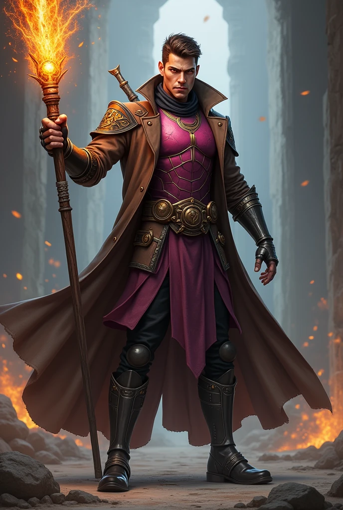 a man with brown hair, magenta chestplate armor, black head sock, red eyes, black pants, fingerless gloves, brown trenchcoat, metal boots, wielding a long staff glowing with energy, detailed face and eyes, detailed clothing, intricate armor, dramatic lighting, cinematic composition, digital painting, hyper realistic, 8k, photorealistic, masterpiece