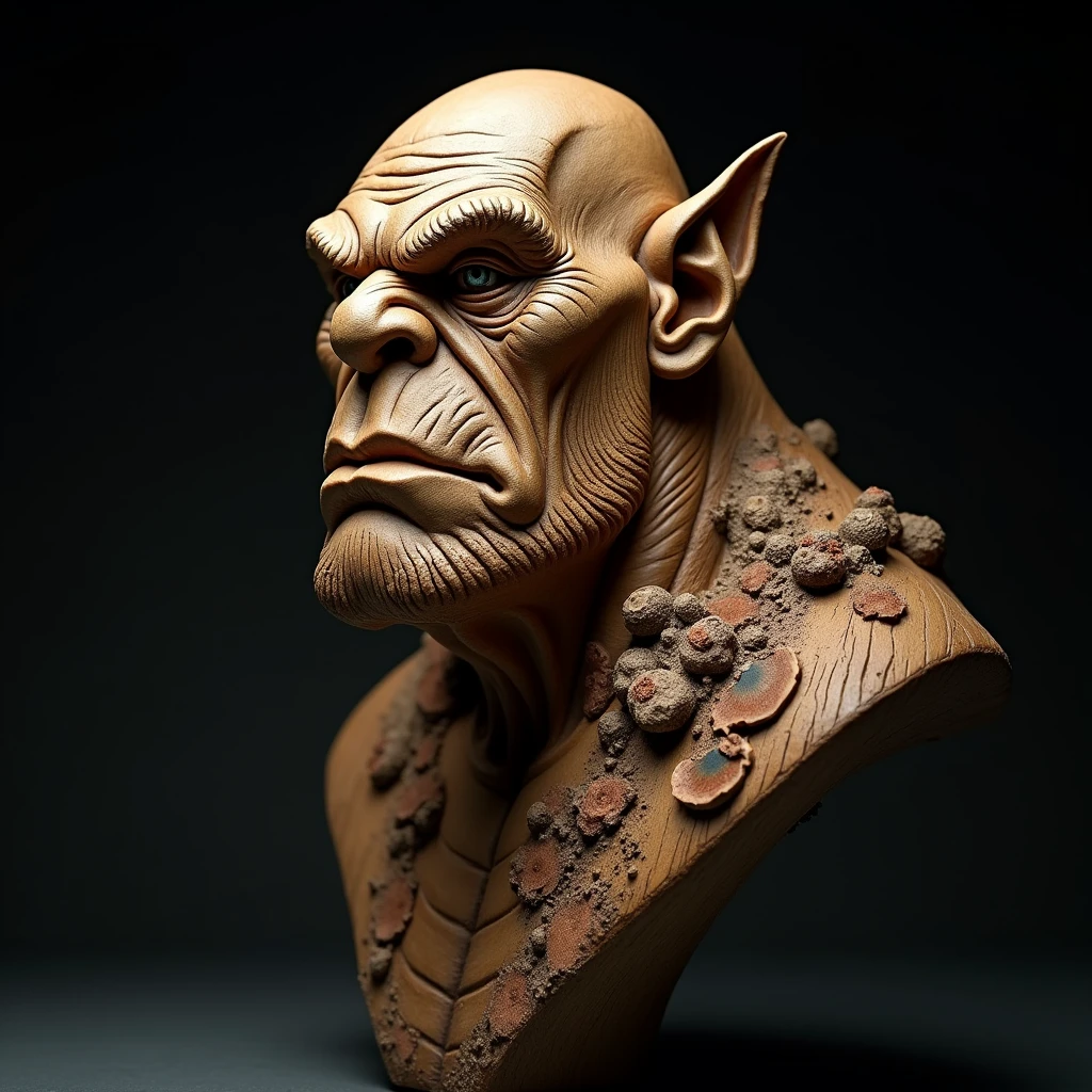 a highly detailed and intricate bust sculpture of an orc, masterfully carved from wood, with a striking portrait-like quality, capturing the weathered features and character of the orc, the wood texture prominently displayed, with a touch of fungus growing on the surface, creating an aged and earthy appearance, set against a dark charcoal background