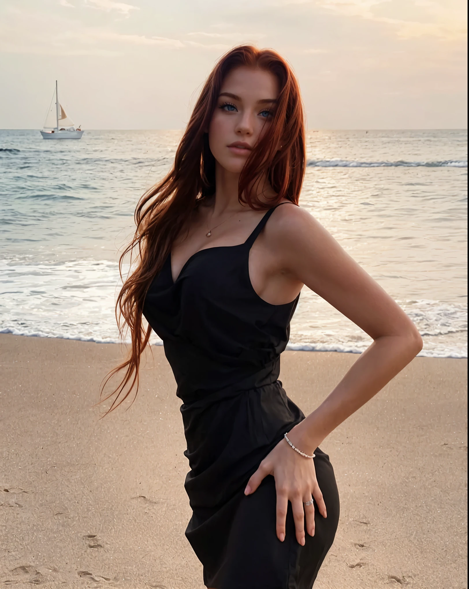 sunset. redhead Model Pose. Arafed Instagram supermodel, redhead model girl with juicy figure and nacked big breasts, pale skin, perfect face, looking hot, victoria secret body,, wear casual attire, on a sunset beach. shining in the sun. He has charming blue eyes In the photo, sunset. full frame. redhead long shot, in sexy black dress