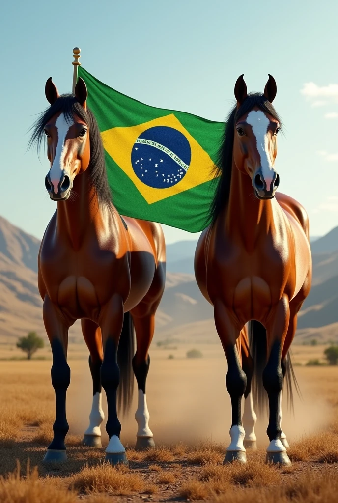 two horses side by side with the Brazilian flag in between them,estilo country 