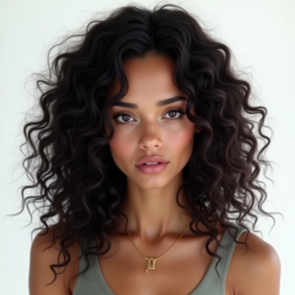 Generate an image of a woman with long, black curly hair, white