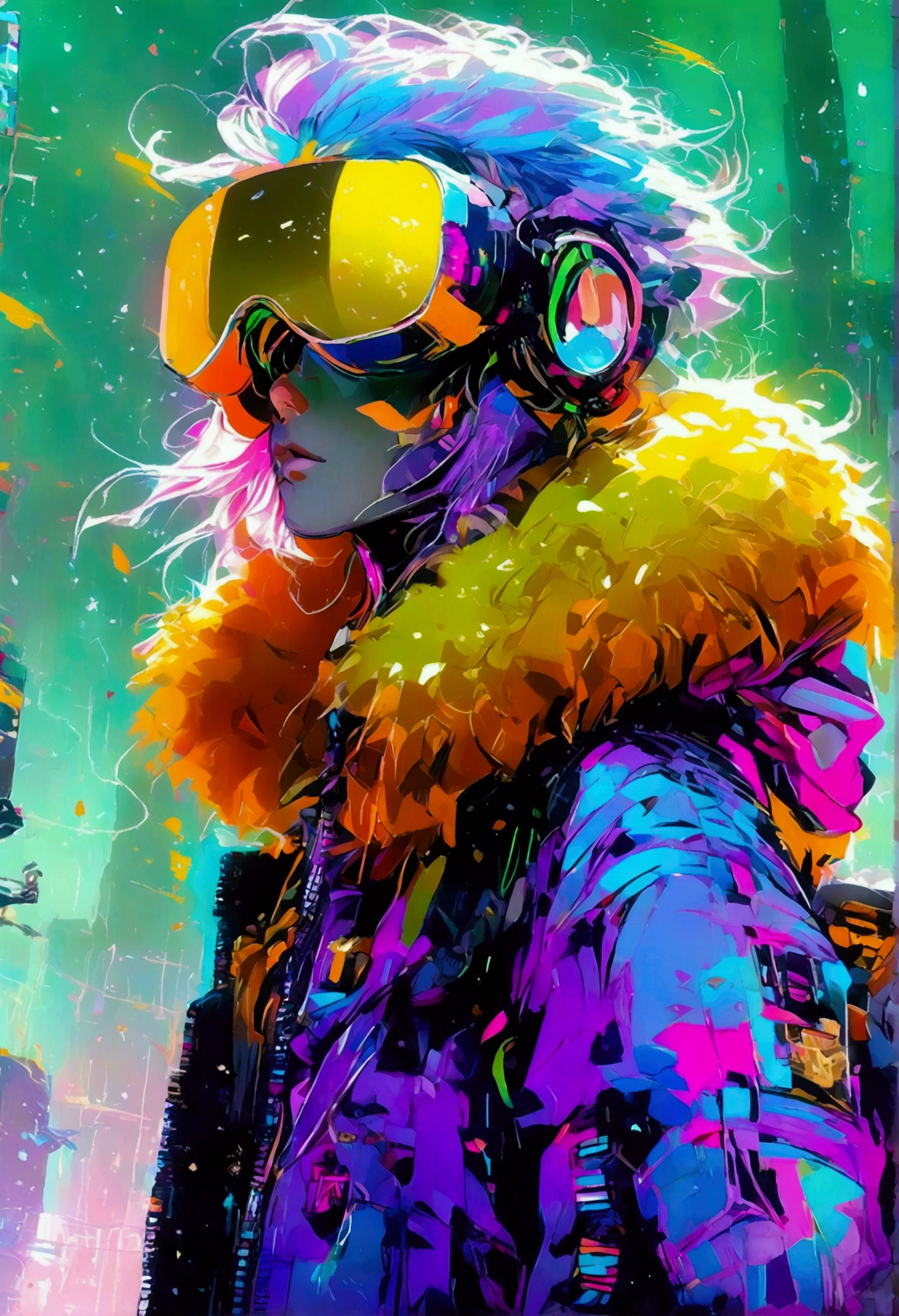 full body image, (ultra detailed,ultra high resolution,detailed background),((2d)),((flat color)),((dull color)), 1solo leaving the fog:1.5, looking at the viewer, baggy flight suit, oversized bomber jacket with sheepskin collar, (yellow, violet, cian, green, orange:1.3), plush collar, full body image, use VR glasses, ((Baron's Desert Intricut Fund)), ((apocalyptic city)), full body in frame, ((drone next to her))