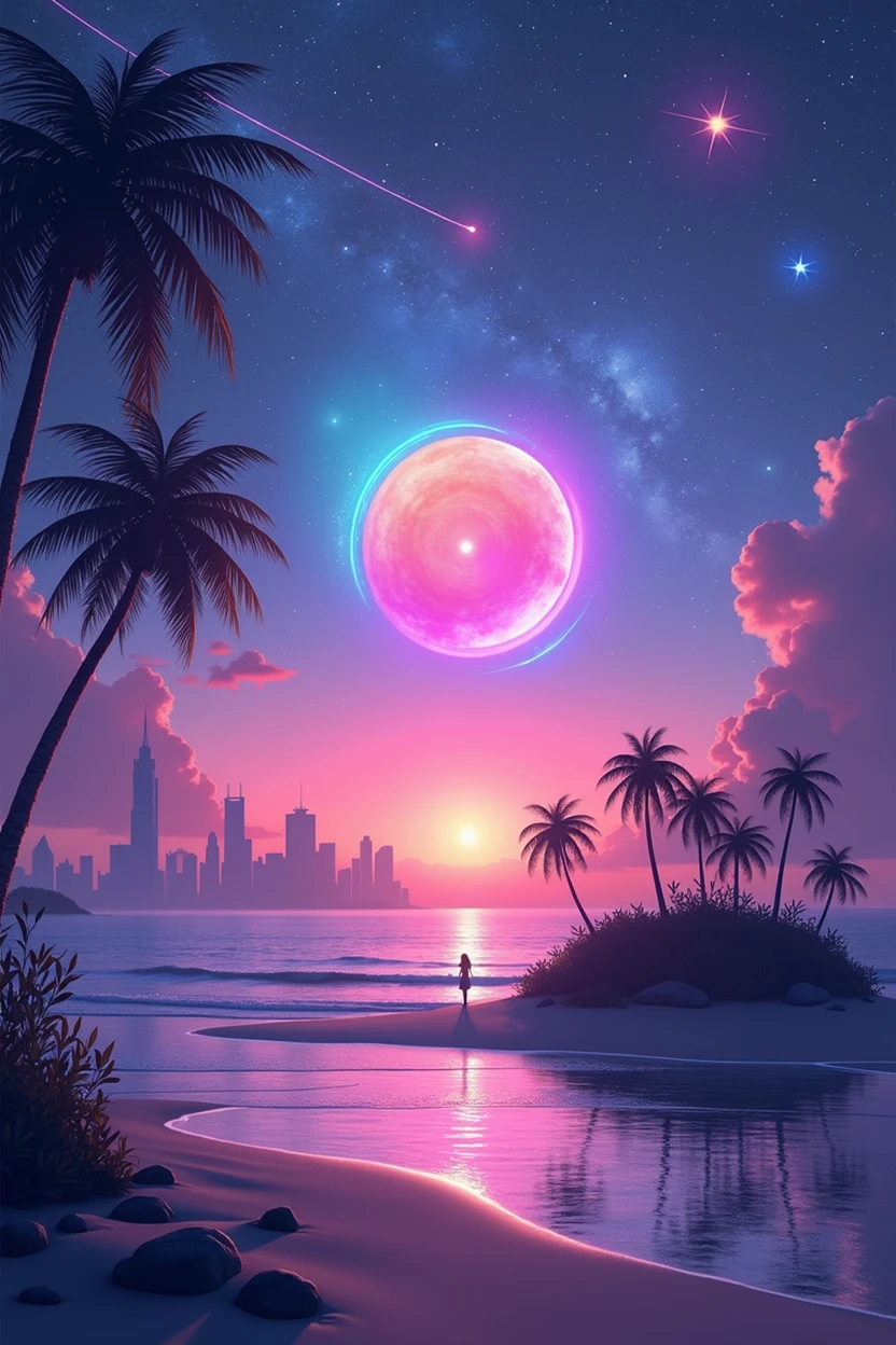 In the lower right corner there is a small isolated island showing only the edge of the beach、In the background there is a city with large buildings in the distance, A bright night, Starry Sky, An island in the middle of the sea, A distant city on the horizon, (Take the key: 1.2), (shooting star: 0.9), (A warm light source: 1.2), (fire Fly: 1.2), lamp, Light purple and neon blue,luzes Magicsm detalhes complexos, Volumetric lighting (first work: 1.2), (Better Quality), 4K, Ultra-detailed , (Dynamic Composite: 1.4), Highly detailed colorful details (A rainbow-colored core: 1.2), (Bright lighting, Atmospheric lighting), dreamer, Magic, (alone: 1.2)
