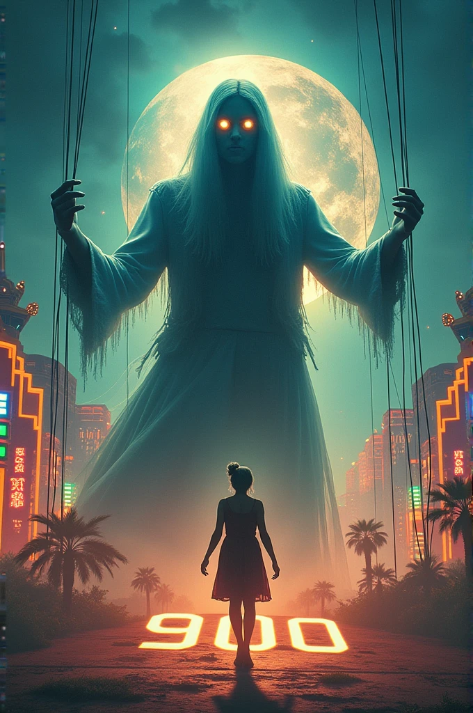 A mesmerizing double exposure digital masterpiece featuring the mystical silhouette of a puppeteer, illuminated by a luminous, ethereal and mystical aura. Against the backdrop of Las Vegas, the puppeteer embodies the essence of spectacle and the magic of the show. His luminescent eyes, radiant with deep contemplation, are surrounded by a delicate fusion of intricate details and conceptual elements. At her feet, in a fantastic font, a large number "900", drawn with the strings of the puppeteer, while a woman walks through the Las Vegas landscape. The bright and vibrant color palette of this work of art captivates the viewer, transporting them to the depths of the spectacle. This stunning creation masterfully combines elements of 3D rendering and illustration to create an immersive and captivating experience. The harmonious combination of the work's cinema, poster, architecture, painting, conceptual art.