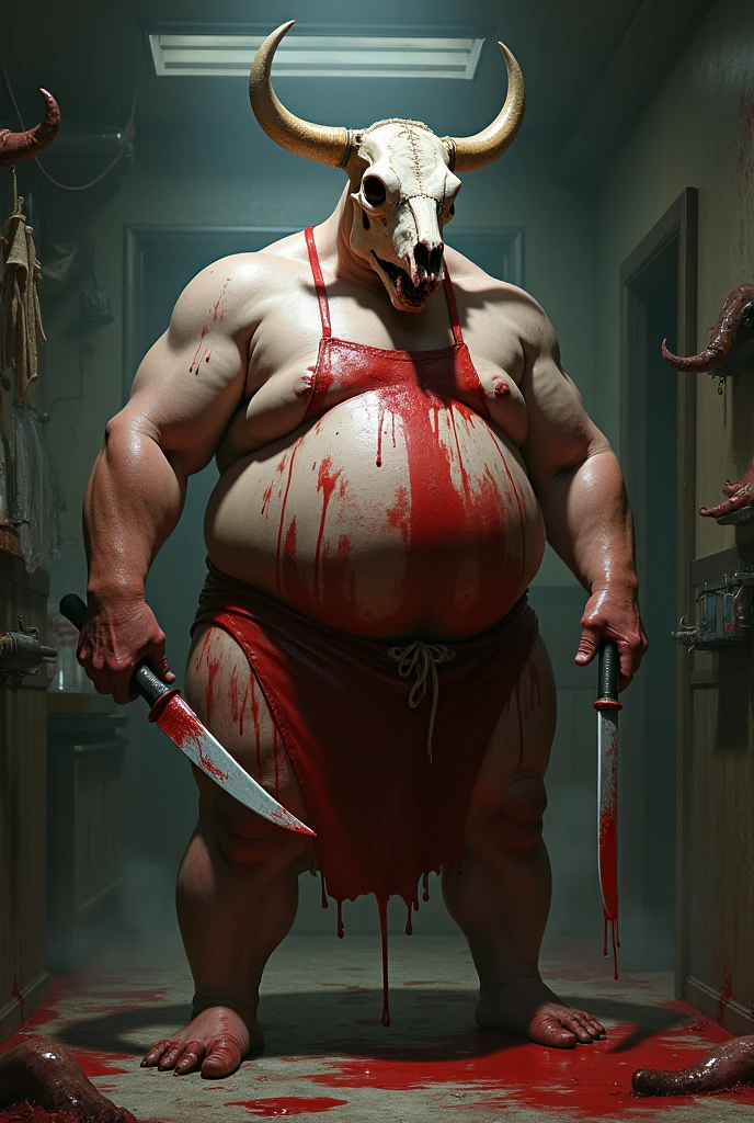 A morbitly obease man, he's a butcher, his apron is bloody, he wears a cowskull, he carries a big bloody meadthook, carrys a bloody butchers knife