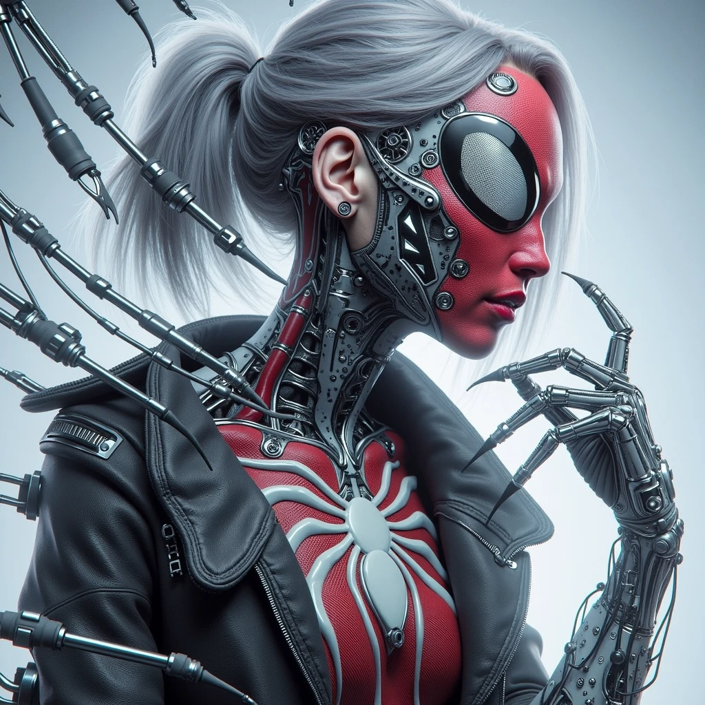 a close up of a person wearing a spandex combat suit reinforced with leather and latex, cyberpunk art, inspired by Marek Okon, cyborg - girl with silver hair, spider woman,spider-gwen, She venom