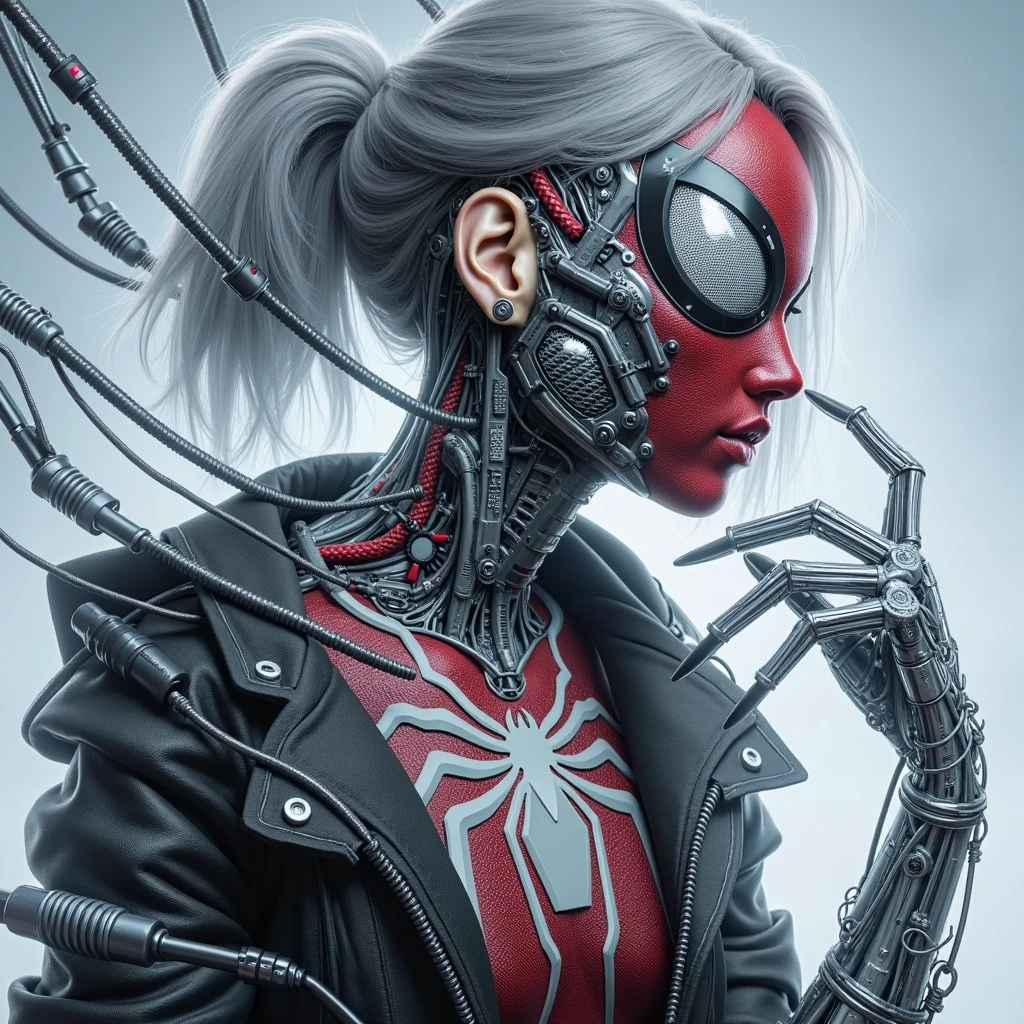 a close up of a person wearing a spandex combat suit reinforced with leather and latex, cyberpunk art, inspired by Marek Okon, cyborg - girl with silver hair, spider woman,spider-gwen, She venom