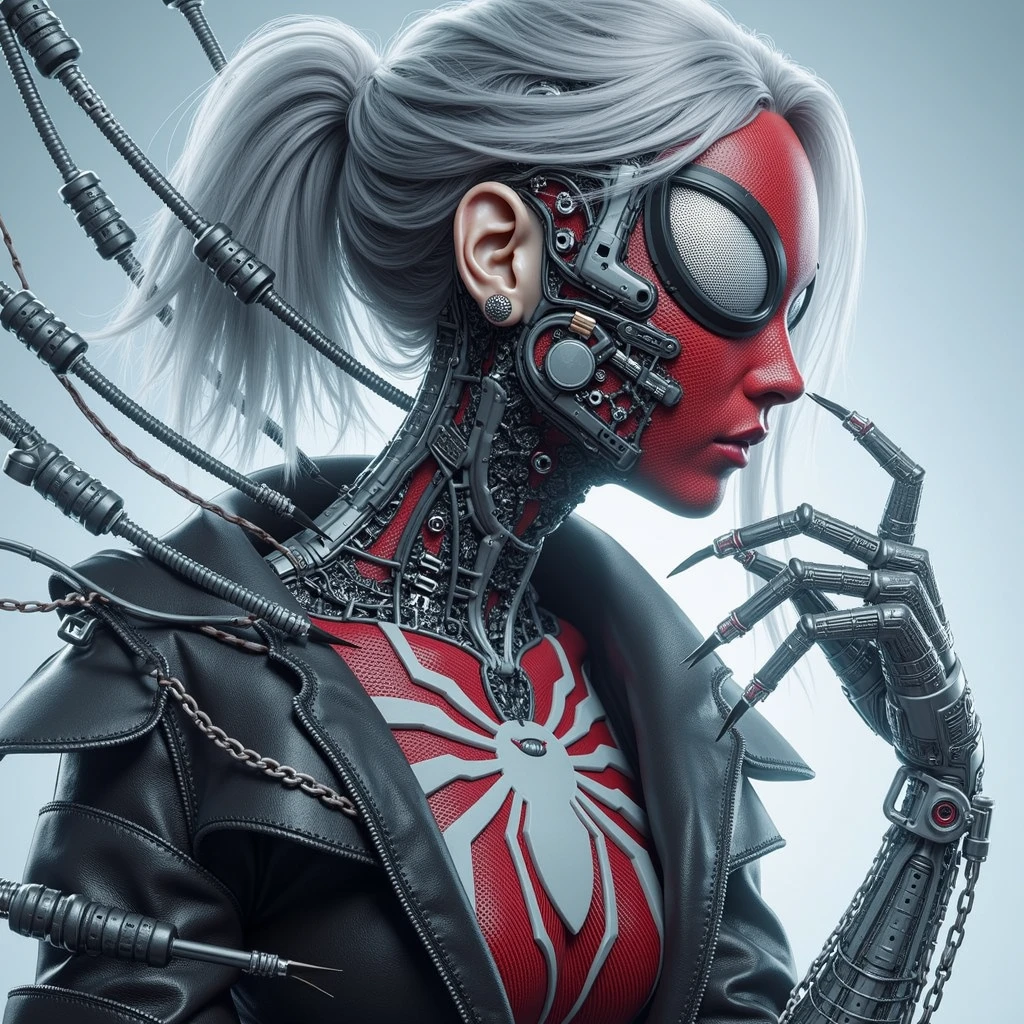 a close up of a person wearing a spandex combat suit reinforced with leather and latex, cyberpunk art, inspired by Marek Okon, cyborg - girl with silver hair, spider woman,spider-gwen, She venom