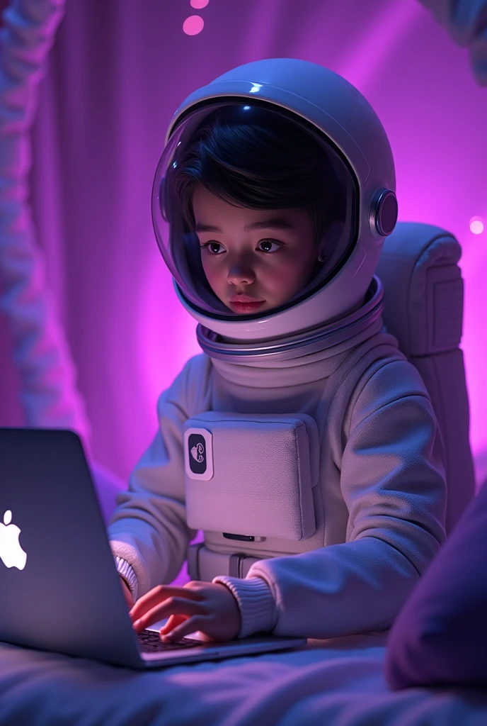 clean sitting full body pose of a little human astronaut avatar of freelancer working casually on MacBook sitting in room with purple background in galaxy