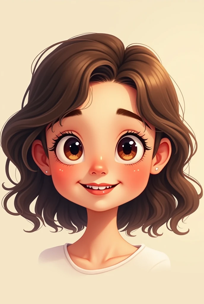 Girl with brown wavy hair, wide forehead, large eyes, chubby with slightly rosy cheeks, Short neck, Medium lips with the lower lip slightly larger than the upper, all animated.