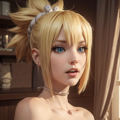 Face beautiful blue eyes blonde hair, showing long fangs vampire, makeup, nsfw, big breasts detailed perfect 3D rendering  