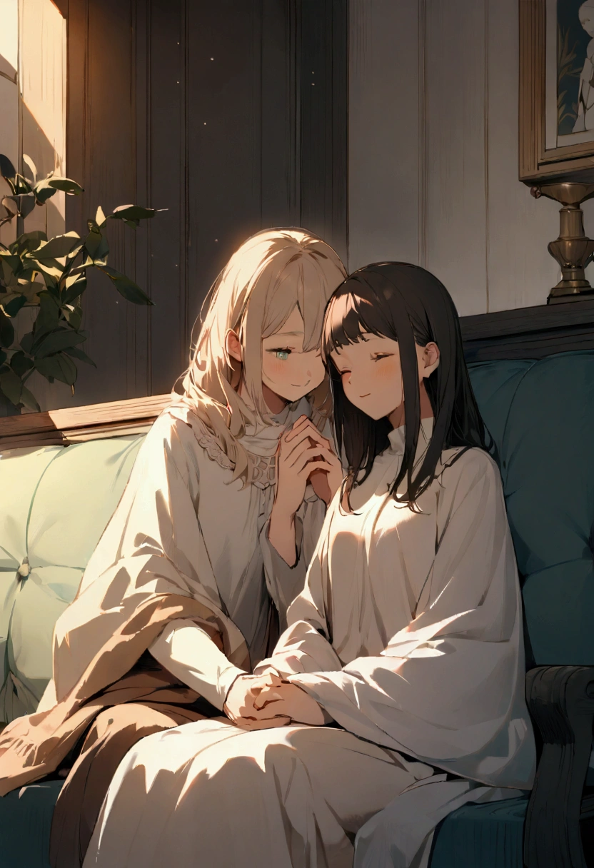 "A cozy scene of a age girl sitting on a sofa, in a room lit by soft light. She has her eyes closed, with hands together in prayer, conveying a feeling of peace and devotion. next to her, Jesus is present, watching her with a serene and affectionate expression. He is sitting close to her, with his hands resting in her lap, showing care and love. The room is simple and welcoming, without pictures on the walls or sculptures, just a tranquil setting with comfortable furniture and soft details, Like a blanket or pillows, creating an atmosphere of intimacy and spirituality."