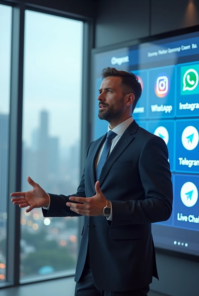a new generation business man explaining about omnichannel channel put the following information in the image WhatsApp Instagram Facebook Telegram Live Chat