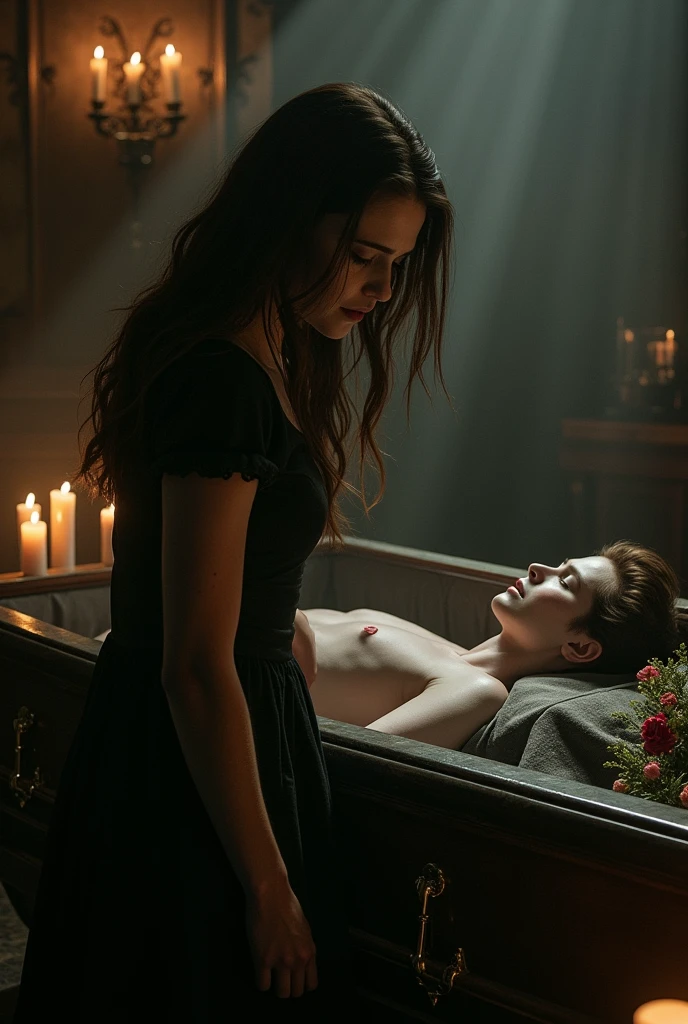 Bella Swan crying in front of the coffin with Edward Cullen inside it