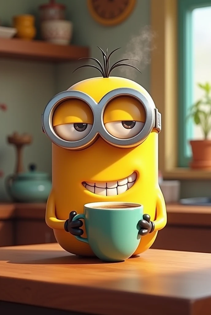 Funny yellow character inspired by the Minions drinking coffee 