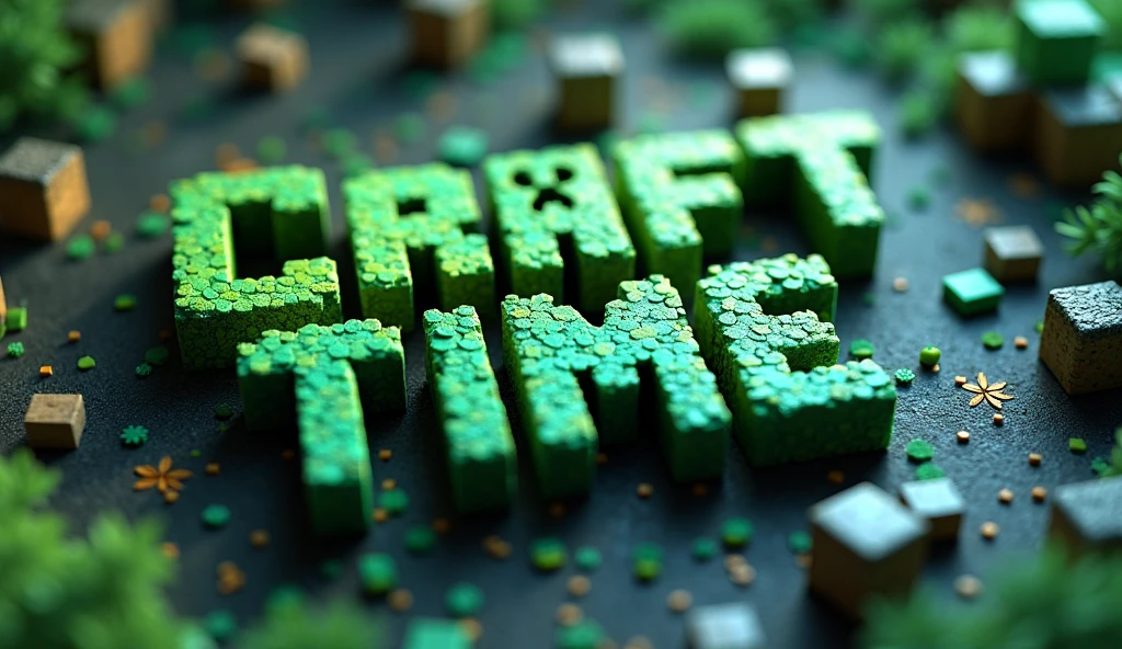 A hypnotic 3D rendering of "Craft Time" Logo that captivates the viewer with its innovation, Pixelated block-style font, Echoing the iconic aesthetic of Minecraft. The distinctive letters are crafted from a combination of bright emerald tones and deep earthy hues, As if carved from vibrant, Game materials. Each letter subtly drips and transforms, Giving a dynamic sense of motion while glowing with a soft touch, Glowing sheen. Surrounding the logo are miniature cubes, Pixelated particles, And subtle touches of foliage, Reminiscent of Minecraft's lush landscapes. The dynamic atmosphere is reinforced by a contrasting background, doing the vibrant colors and intricate details of the logo stand out brilliantly. This design embodies the adventurous and creative spirit of the Minecraft world, doing "Craft Time" Memorable and visually stunning.