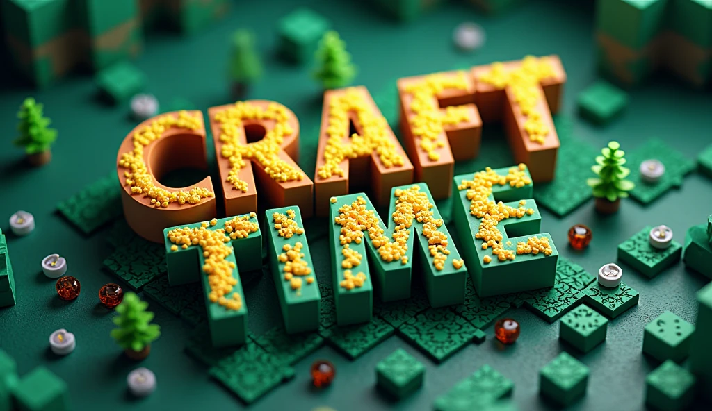 A hypnotic 3D rendering of "Craft Time" Logo that captivates the viewer with its innovation, Pixelated block-style font, Echoing the iconic aesthetic of Minecraft. The distinctive letters are crafted from a combination of bright emerald tones and deep earthy hues, As if carved from vibrant, Game materials. Each letter subtly drips and transforms, Giving a dynamic sense of motion while glowing with a soft touch, Glowing sheen. Surrounding the logo are miniature cubes, Pixelated particles, And subtle touches of foliage, Reminiscent of Minecraft's lush landscapes. The dynamic atmosphere is reinforced by a contrasting background, doing the vibrant colors and intricate details of the logo stand out brilliantly. This design embodies the adventurous and creative spirit of the Minecraft world, doing "Craft Time" Memorable and visually stunning.