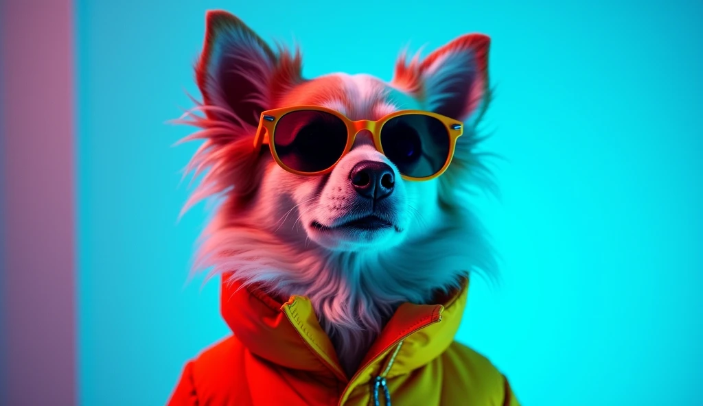The best cell phone wallpaper, Award-Winning Wallpaper, portrait photography, In the front view is a portrait of a cute dog wearing mid-1960s space age fashion, Side view photo, Shot with Canon EOS R5, Set a strong contrast that accentuates the subject, Fluorescent blue tone, Wearing a very modern coat and sunglasses is a modern 1960s style, Clothes all in one color, beautiful background